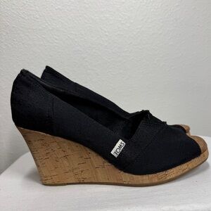Toms Classic Wedge Open Peep Toe Black Cork Fabric Sandal Women’s Size 7.5